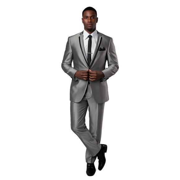 2pc Shiny Dark Silver Mens Suit w/ Black Trim by Tazzio - Picture 3 of 5